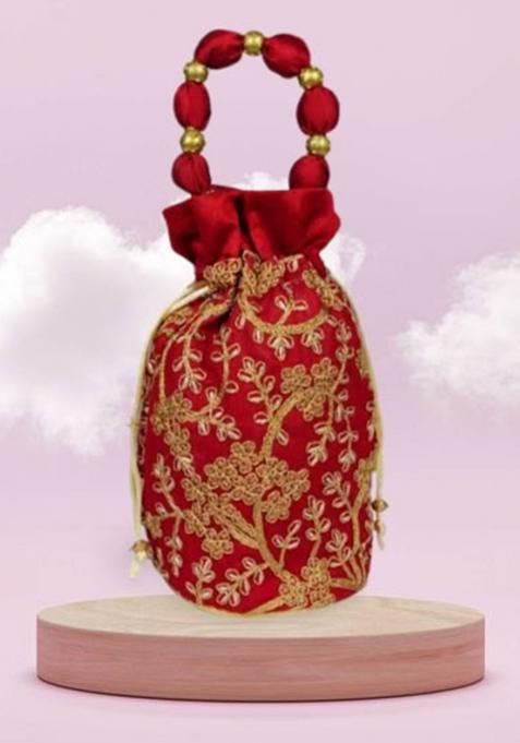 Maroon Raw Silk Drawstring Rajasthani Style Potli Bags