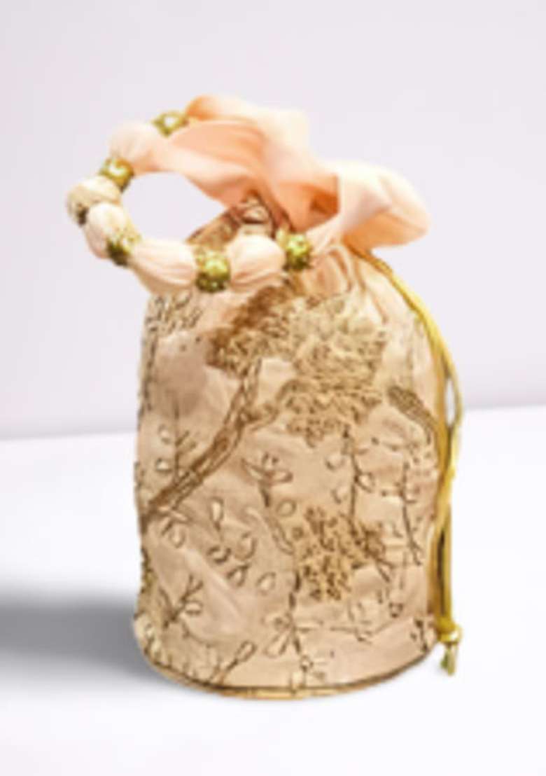 Orange Raw Silk Drawstring Rajasthani Style Potli Bags - Indya