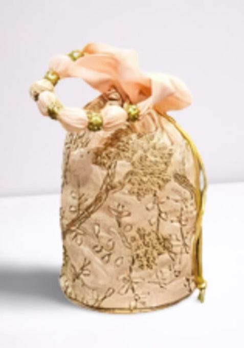 Orange Raw Silk Drawstring Rajasthani Style Potli Bags