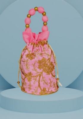 Pink Raw Silk Drawstring Rajasthani Style Potli Bags