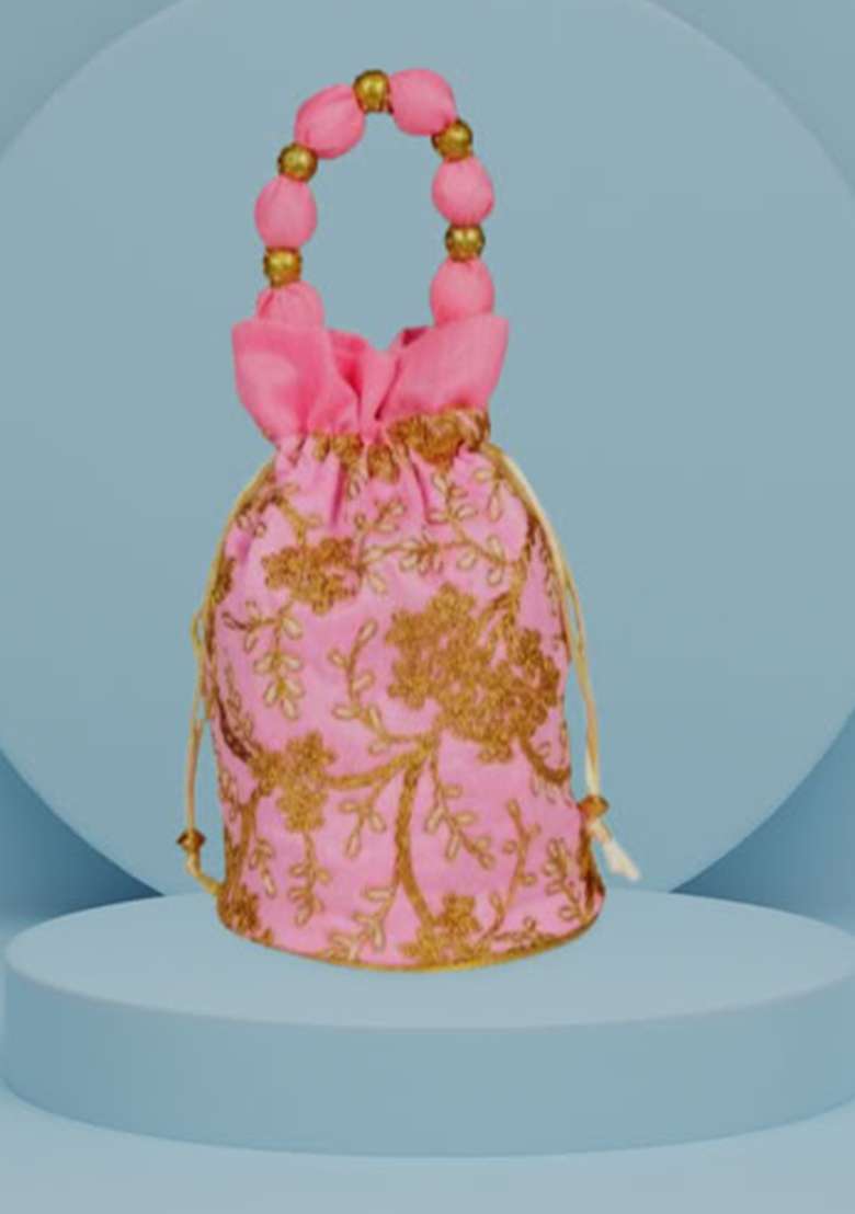 Pink Raw Silk Drawstring Rajasthani Style Potli Bags - Indya