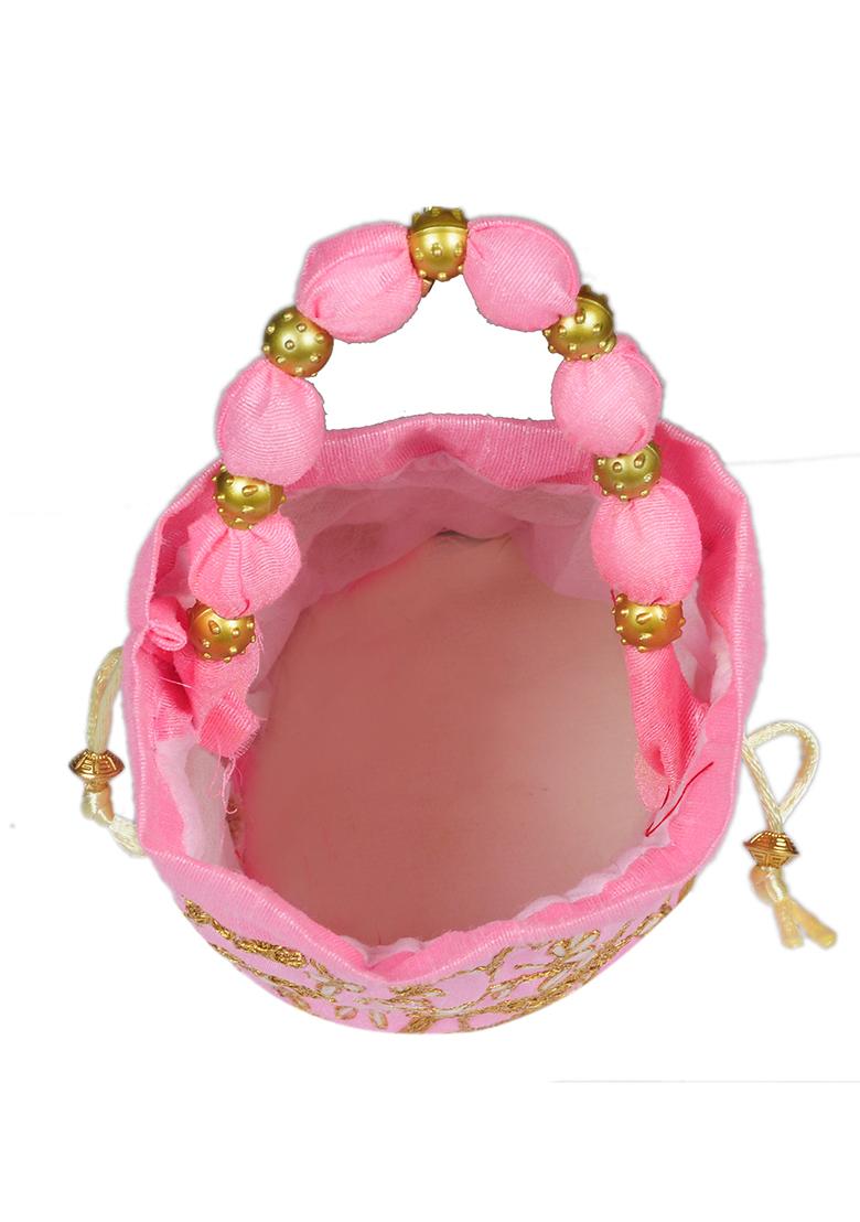 Pink Raw Silk Drawstring Rajasthani Style Potli Bags