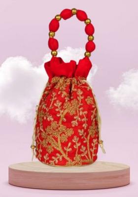 Red Raw Silk Drawstring Rajasthani Style Potli Bags