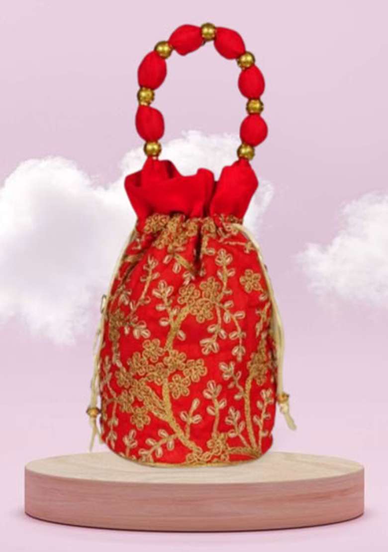 Red Raw Silk Drawstring Rajasthani Style Potli Bags - Indya