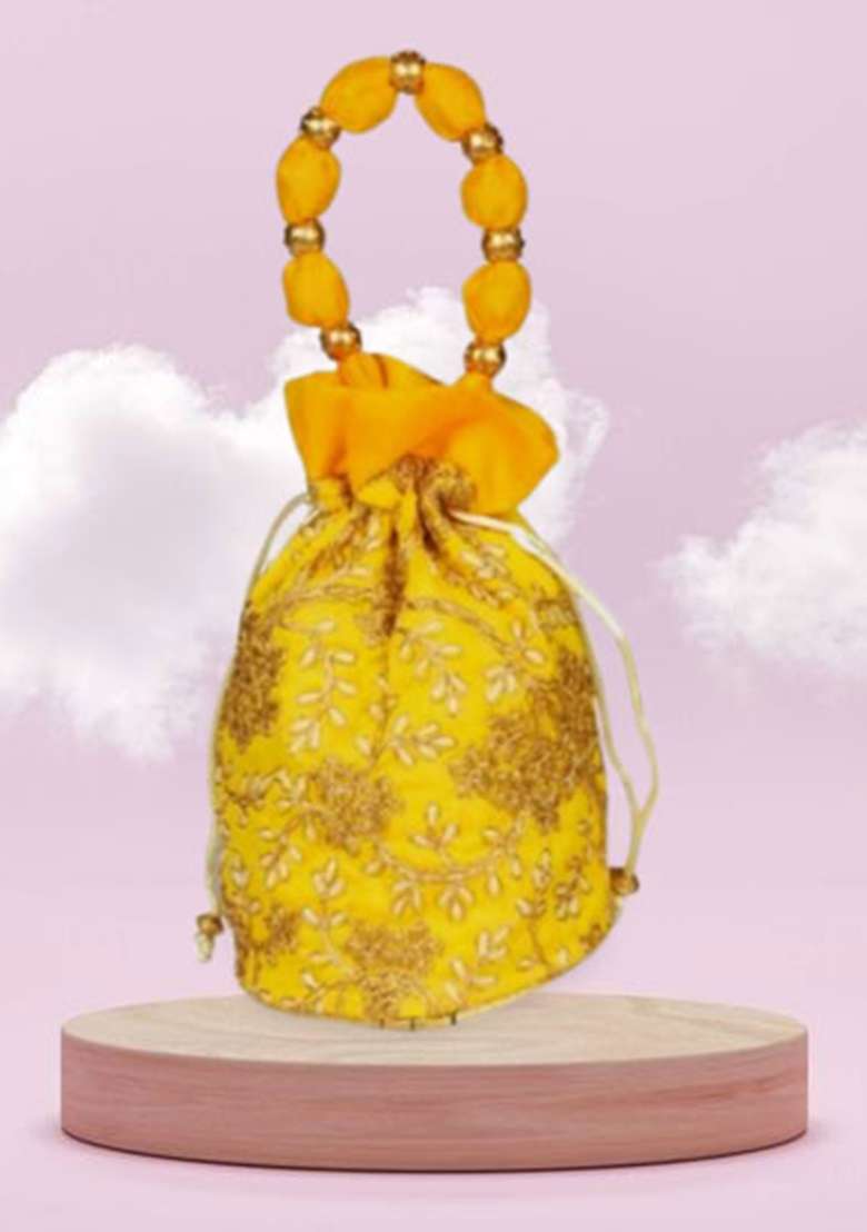 Yellow Raw Silk Drawstring Rajasthani Style Potli Bags - Indya