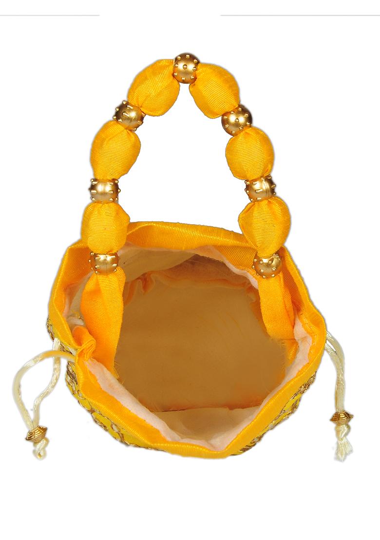 Yellow Raw Silk Drawstring Rajasthani Style Potli Bags