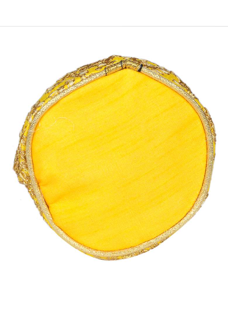 Yellow Raw Silk Drawstring Rajasthani Style Potli Bags - Indya