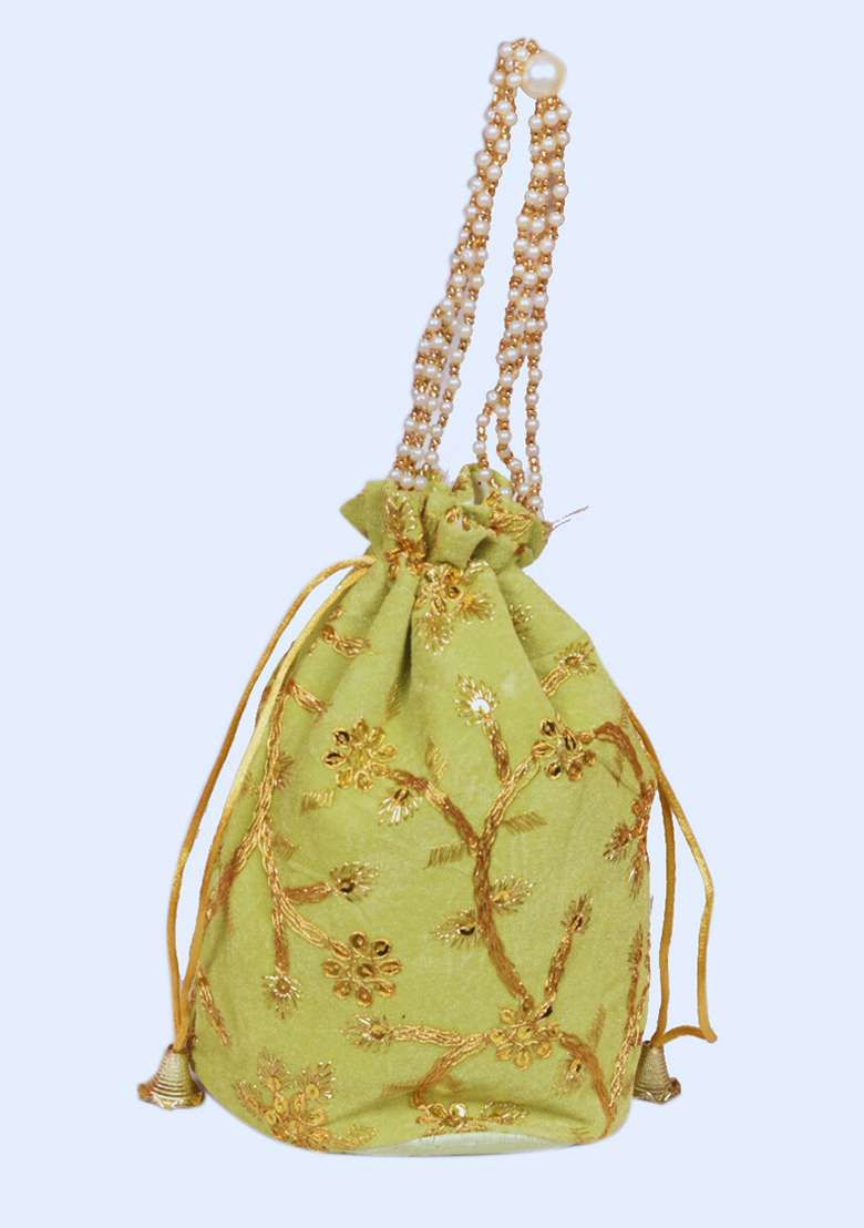 Green Raw Silk Drawstring Rajasthani Style Potli Bags - Indya