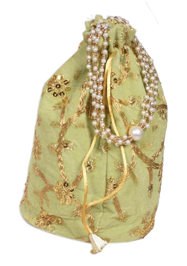 Green Raw Silk Drawstring Rajasthani Style Potli Bags