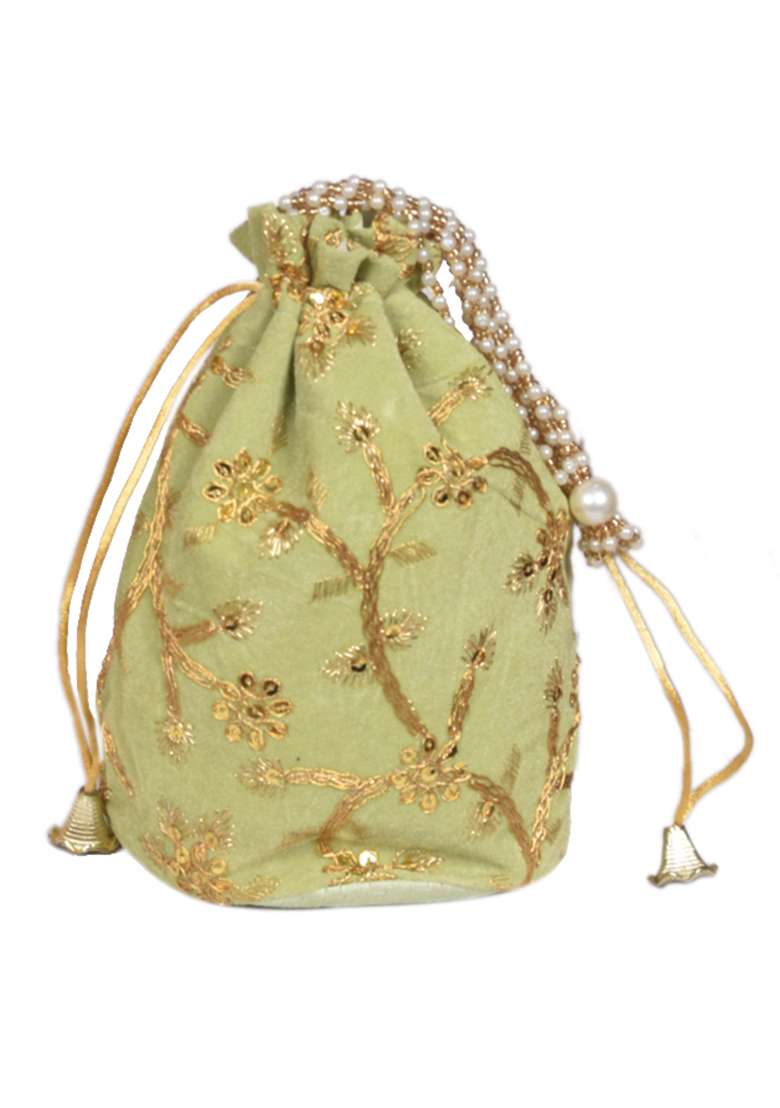 Green Raw Silk Drawstring Rajasthani Style Potli Bags - Indya