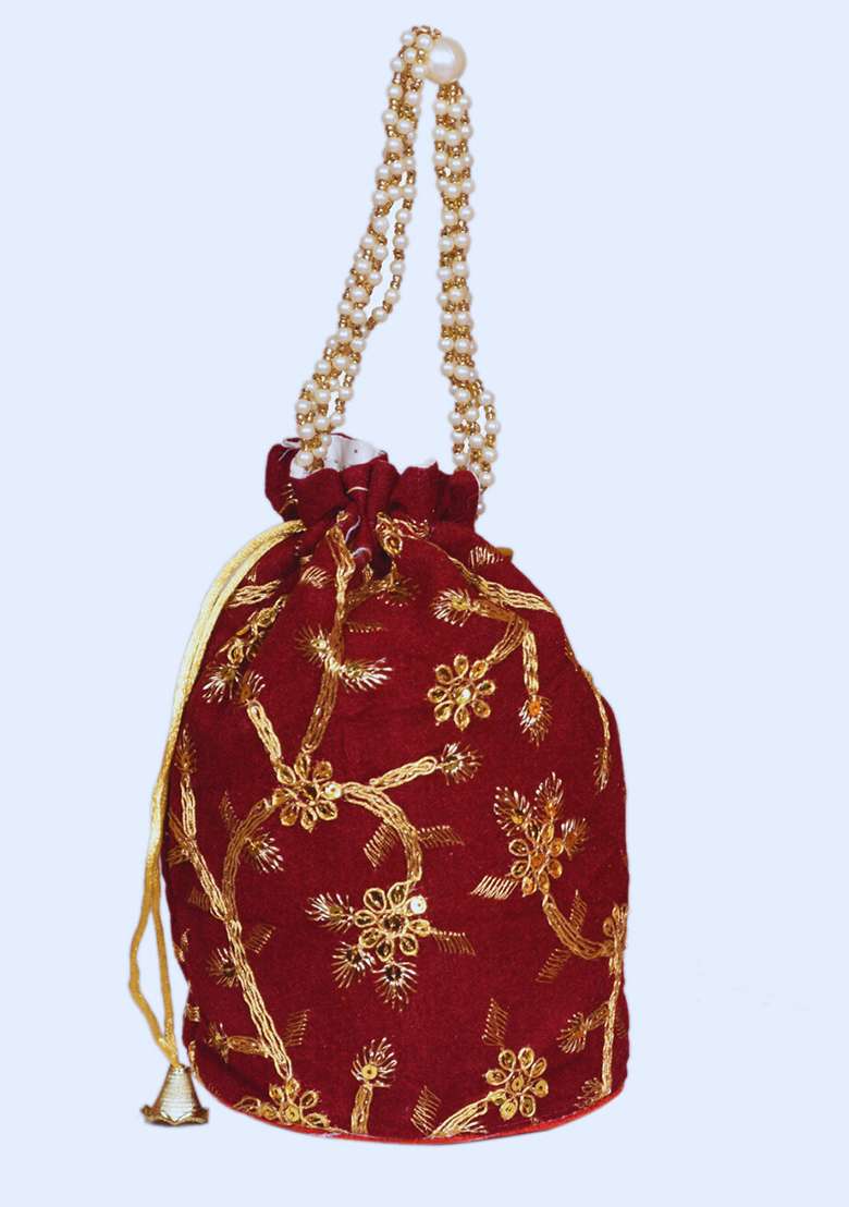 Maroon Raw Silk Drawstring Rajasthani Style Potli Bags - Indya