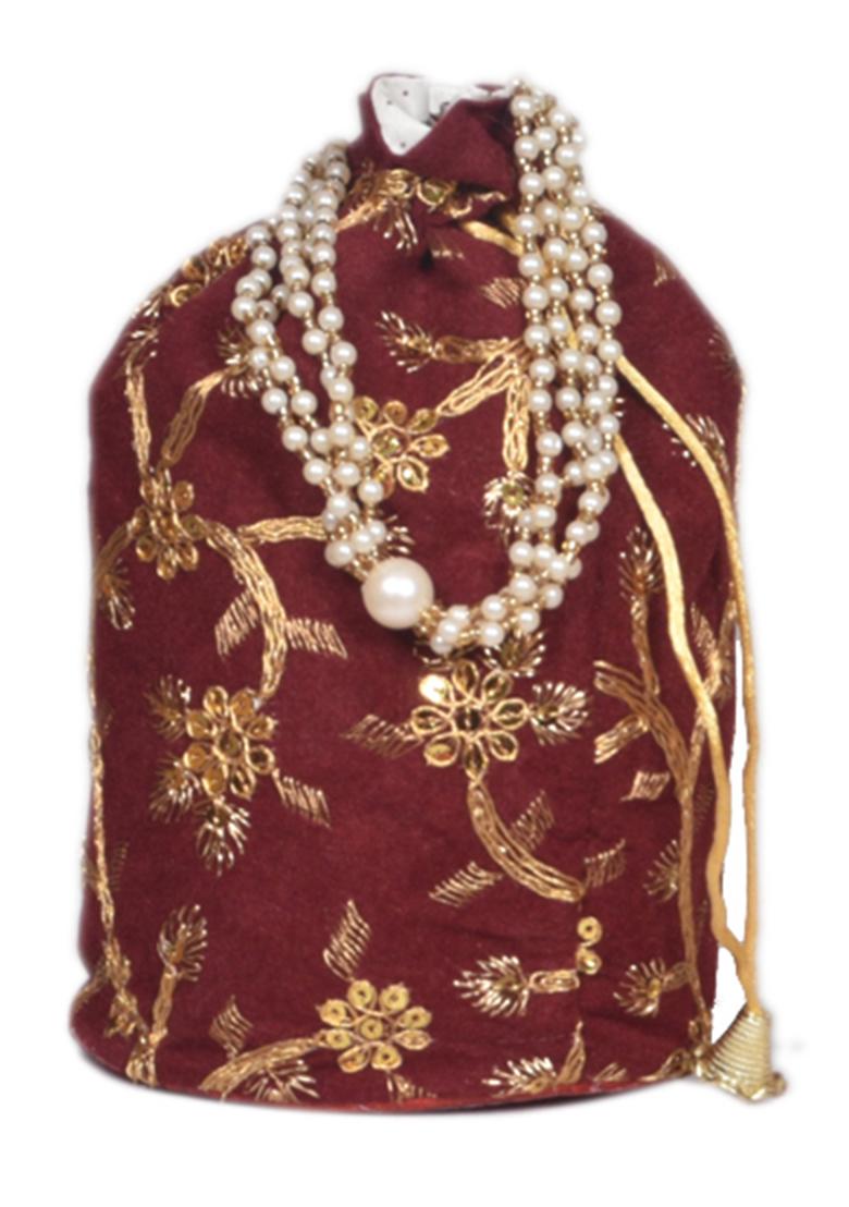 Maroon Raw Silk Drawstring Rajasthani Style Potli Bags