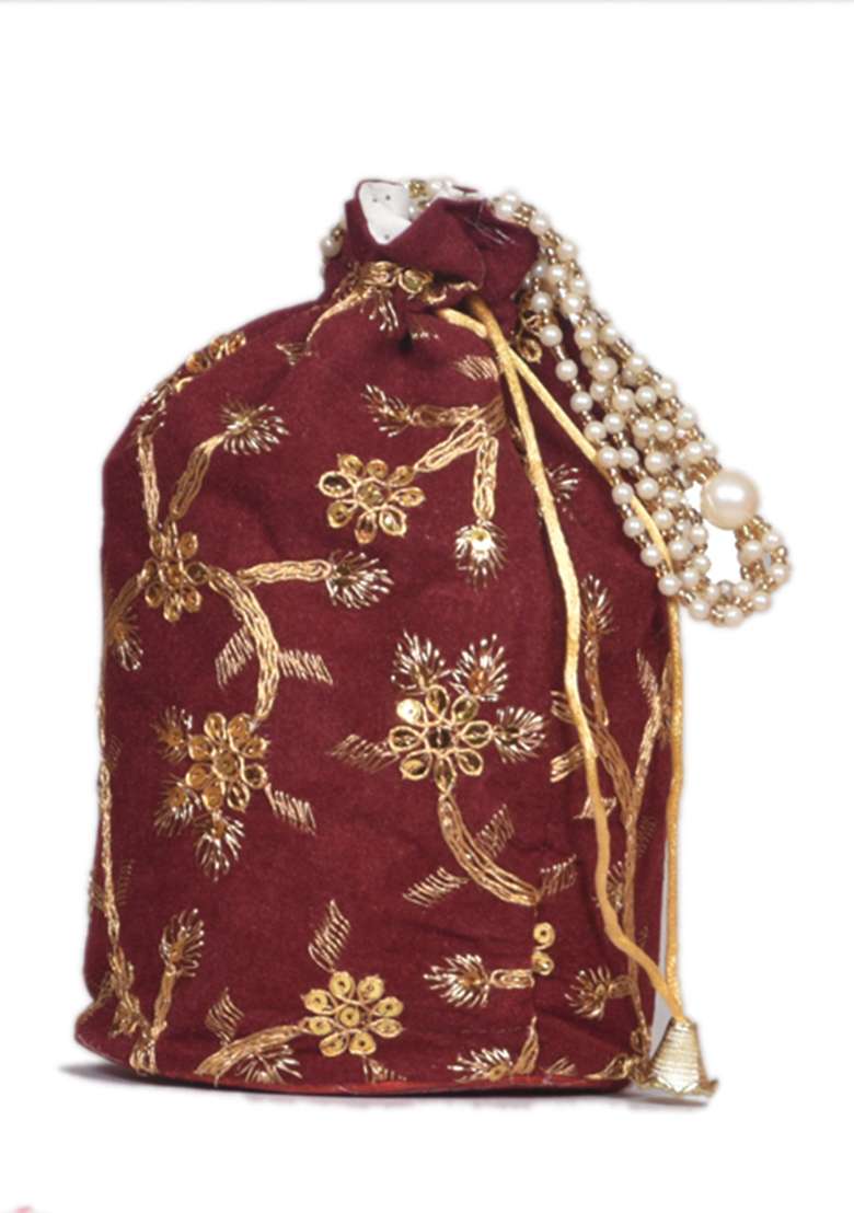 Maroon Raw Silk Drawstring Rajasthani Style Potli Bags - Indya