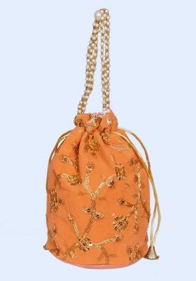Orange Raw Silk Drawstring Rajasthani Style Potli Bags