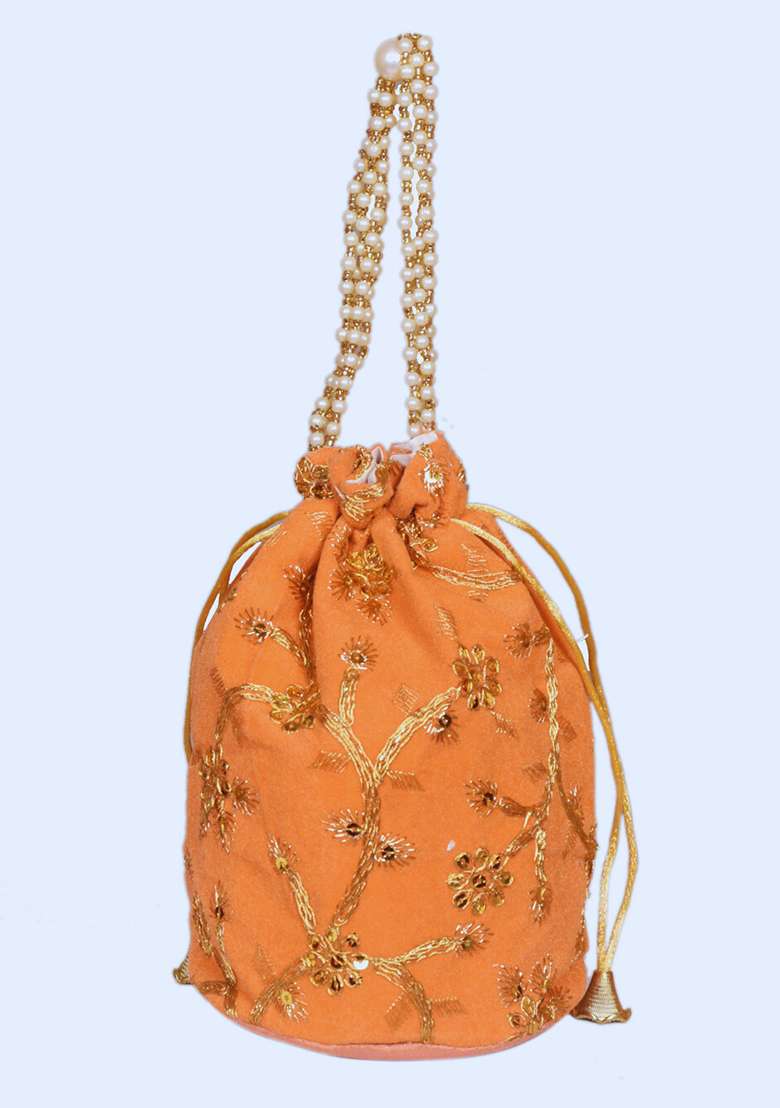 Orange Raw Silk Drawstring Rajasthani Style Potli Bags - Indya