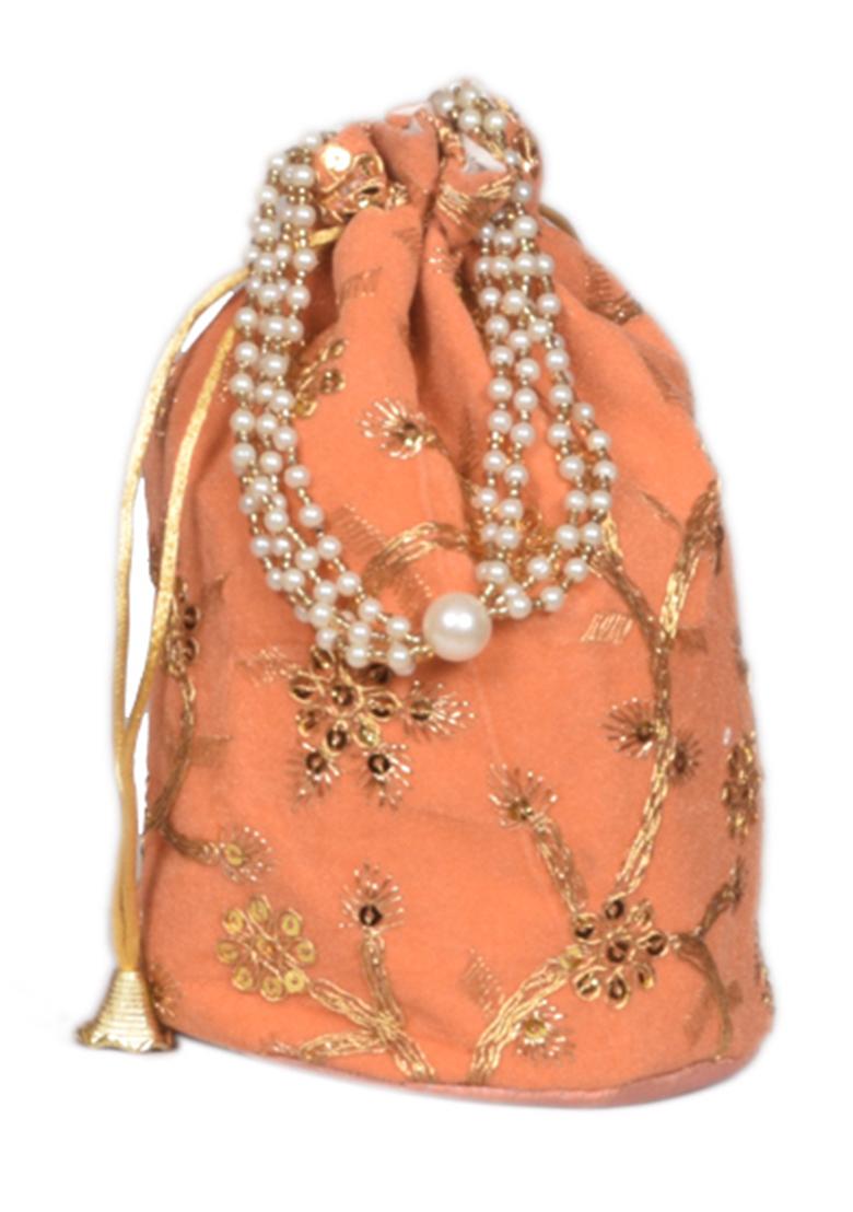 Orange Raw Silk Drawstring Rajasthani Style Potli Bags