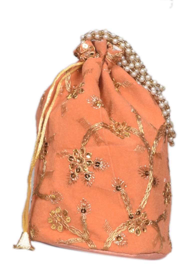 Orange Raw Silk Drawstring Rajasthani Style Potli Bags - Indya