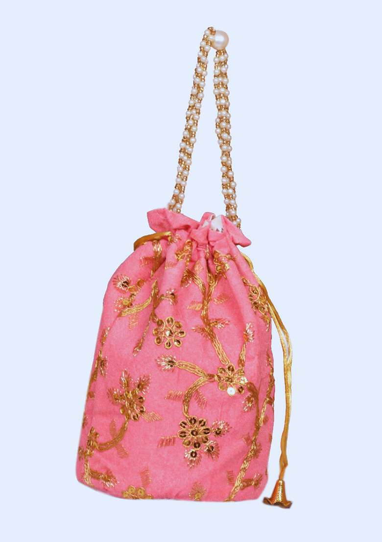 Pink Raw Silk Drawstring Rajasthani Style Potli Bags - Indya