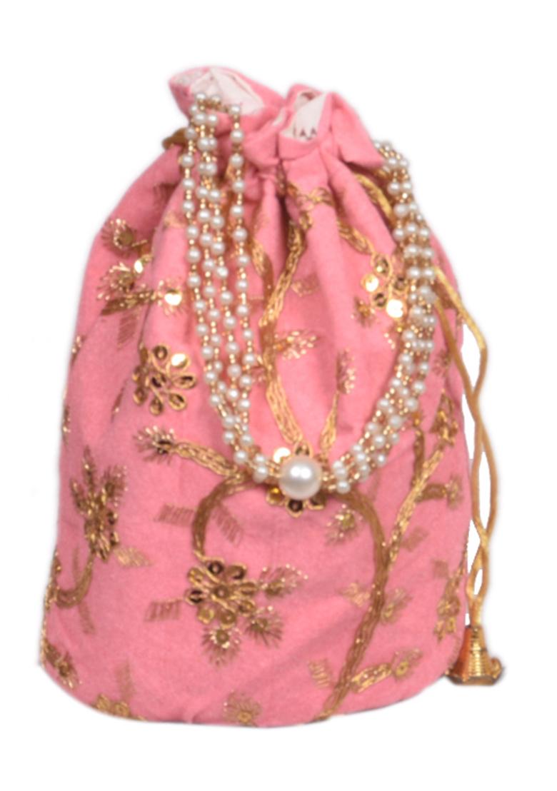 Pink Raw Silk Drawstring Rajasthani Style Potli Bags