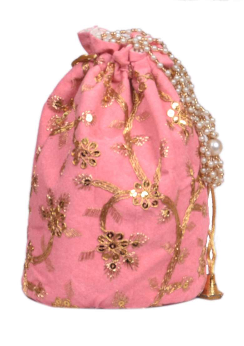 Pink Raw Silk Drawstring Rajasthani Style Potli Bags - Indya