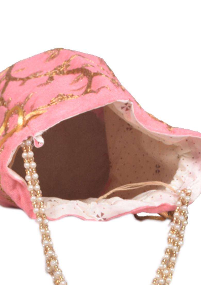 Pink Raw Silk Drawstring Rajasthani Style Potli Bags