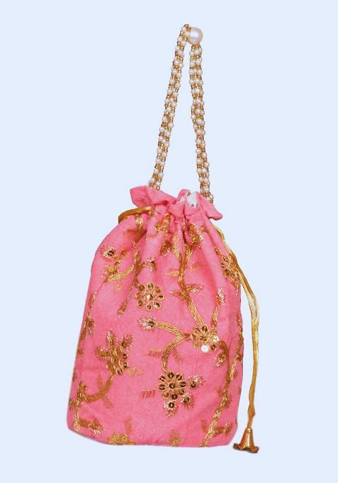 Pink Raw Silk Drawstring Rajasthani Style Potli Bags
