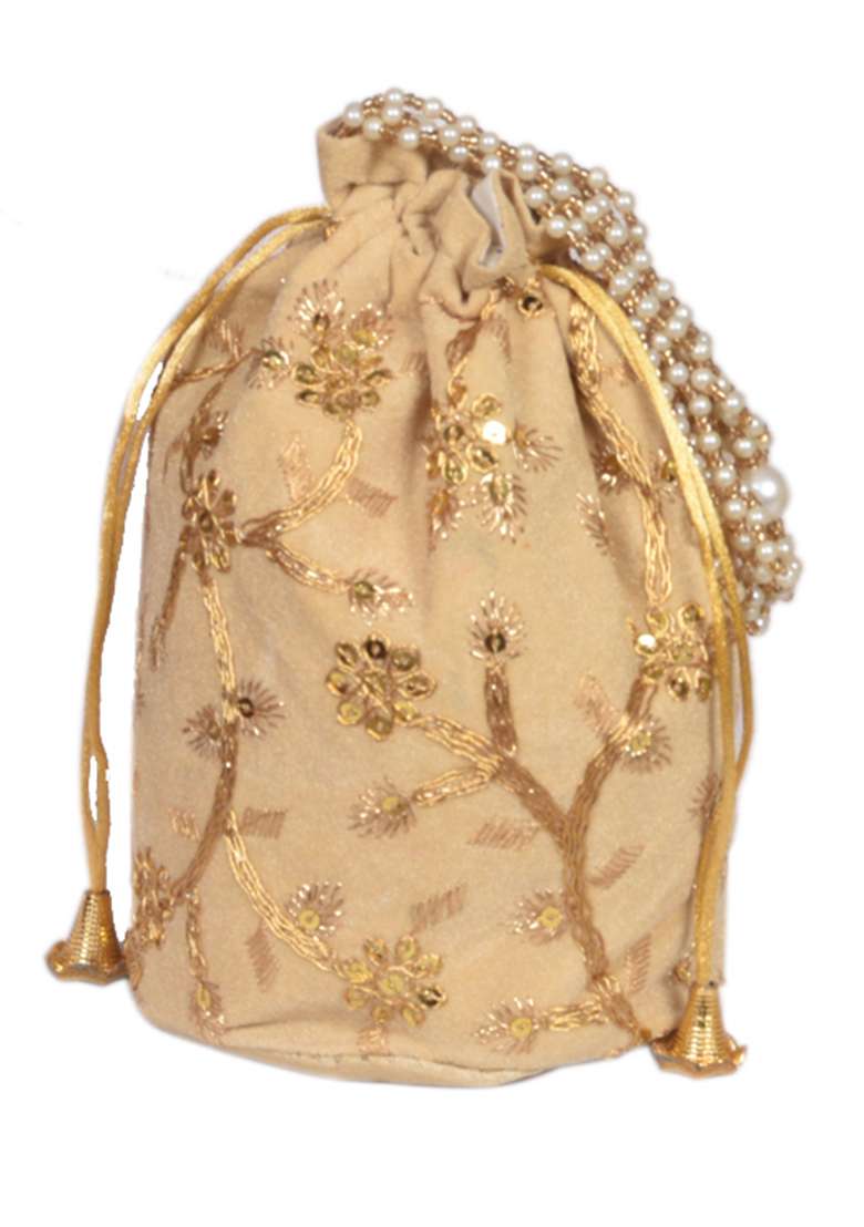Peach Raw Silk Drawstring Rajasthani Style Potli Bags - Indya