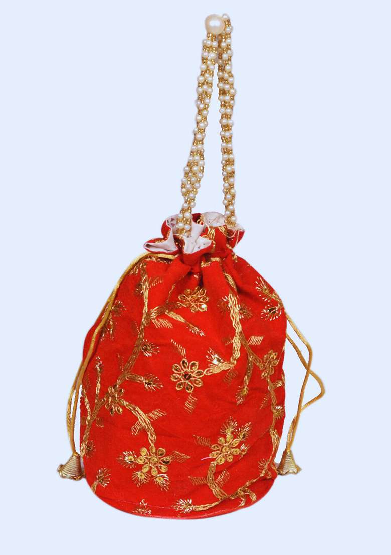Red Raw Silk Drawstring Rajasthani Style Potli Bags - Indya