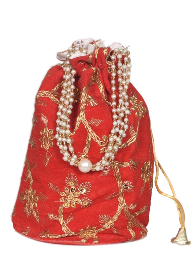 Red Raw Silk Drawstring Rajasthani Style Potli Bags