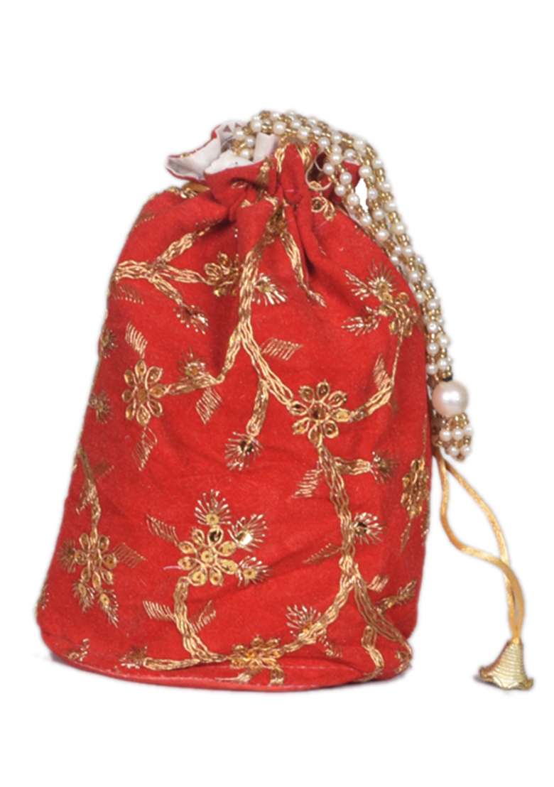 Red Raw Silk Drawstring Rajasthani Style Potli Bags - Indya