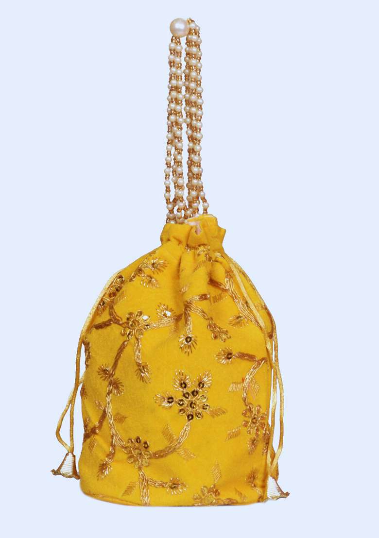 Yellow Raw Silk Drawstring Rajasthani Style Potli Bags - Indya