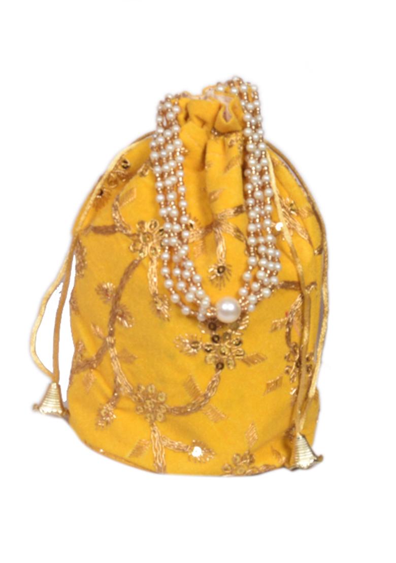 Yellow Raw Silk Drawstring Rajasthani Style Potli Bags