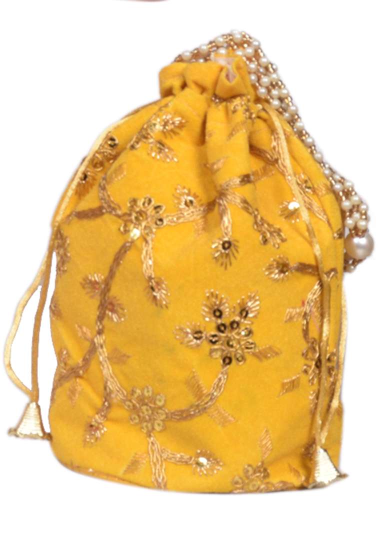 Yellow Raw Silk Drawstring Rajasthani Style Potli Bags - Indya