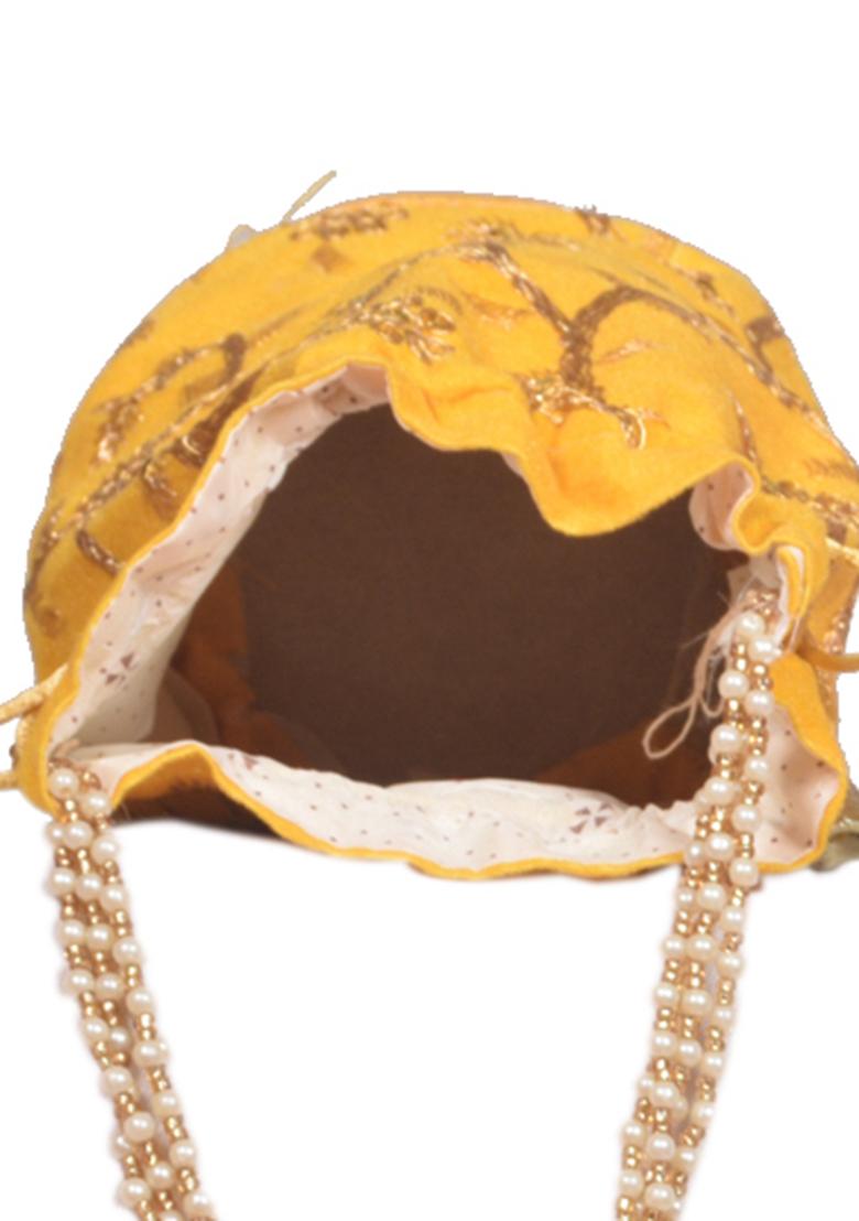 Yellow Raw Silk Drawstring Rajasthani Style Potli Bags
