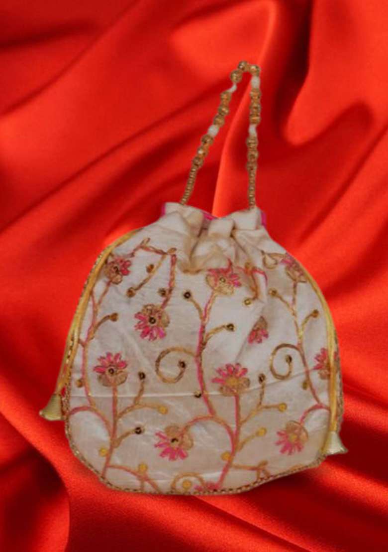 Magenta Raw Silk Drawstring Rajasthani Style Potli Bags - Indya