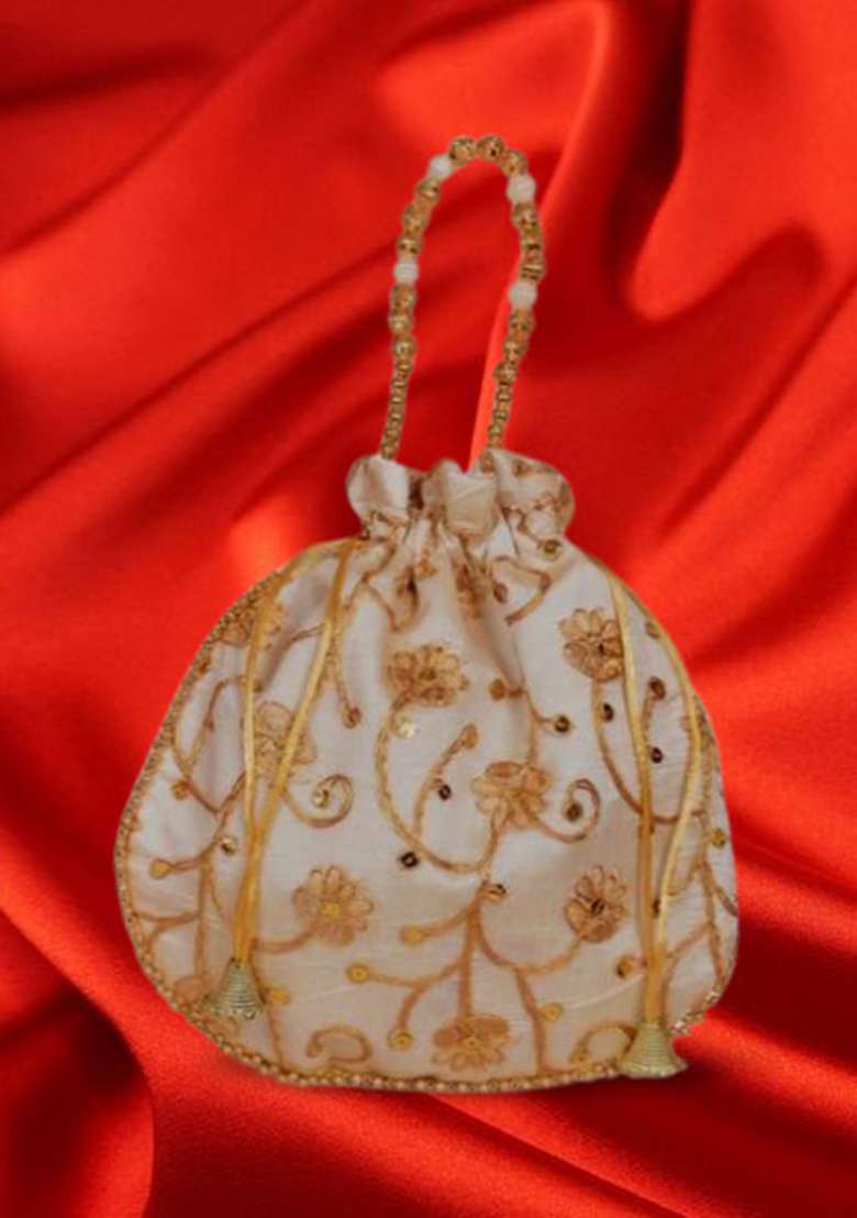 Beige Raw Silk Drawstring Rajasthani Style Potli Bags - Indya