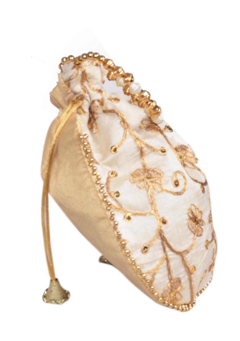 Beige Raw Silk Drawstring Rajasthani Style Potli Bags