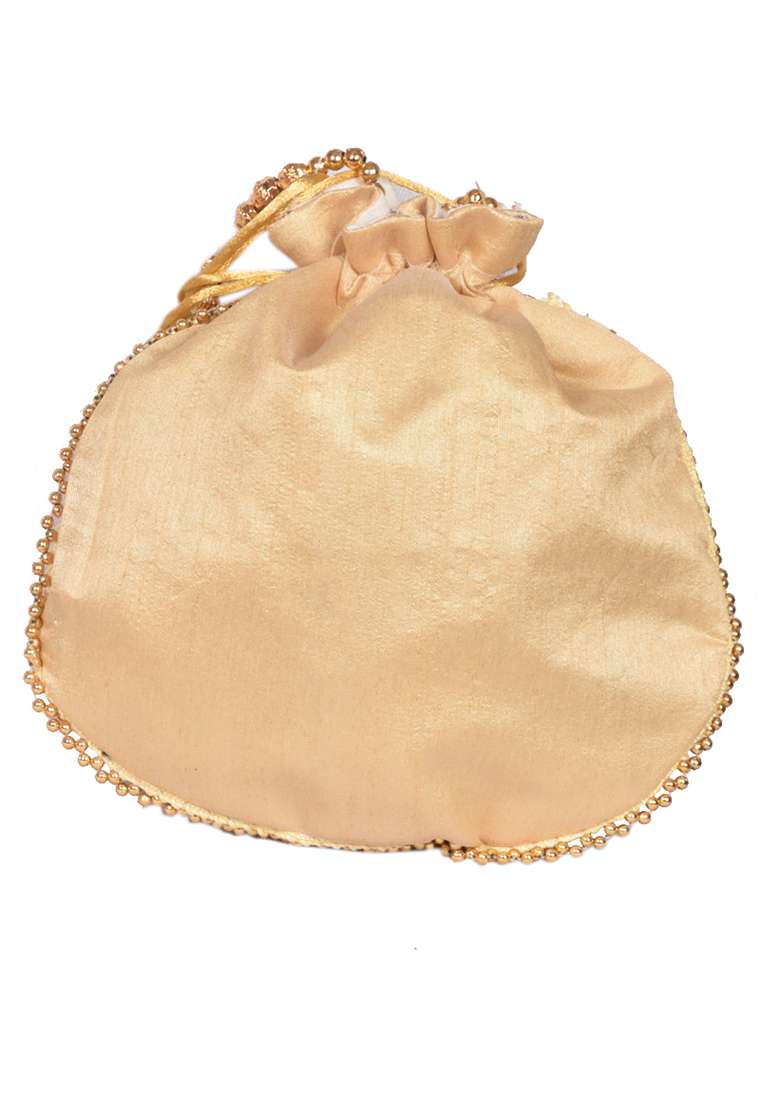 Beige Raw Silk Drawstring Rajasthani Style Potli Bags - Indya