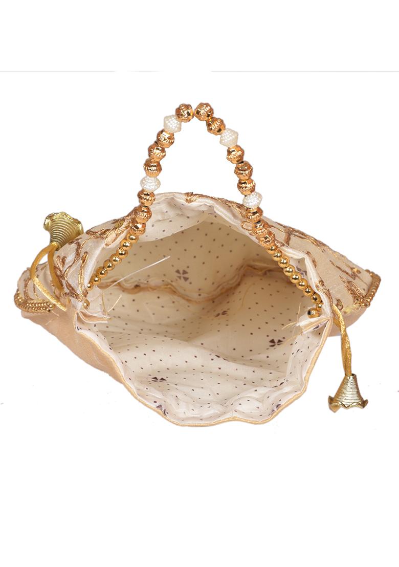 Beige Raw Silk Drawstring Rajasthani Style Potli Bags