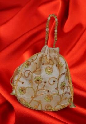 Green Raw Silk Drawstring Rajasthani Style Potli Bags