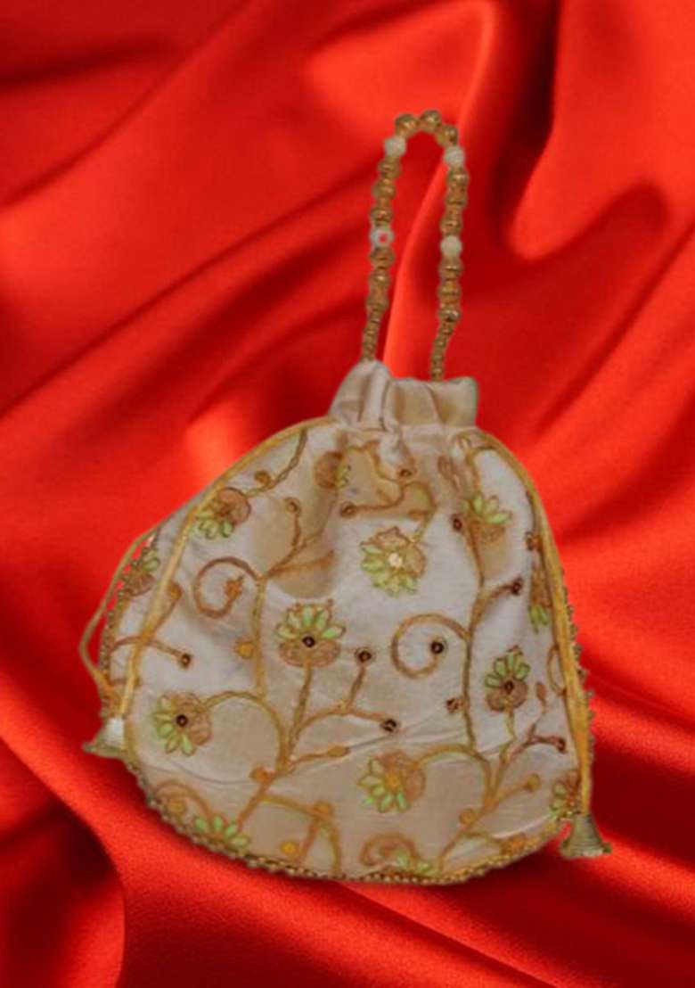 Green Raw Silk Drawstring Rajasthani Style Potli Bags - Indya