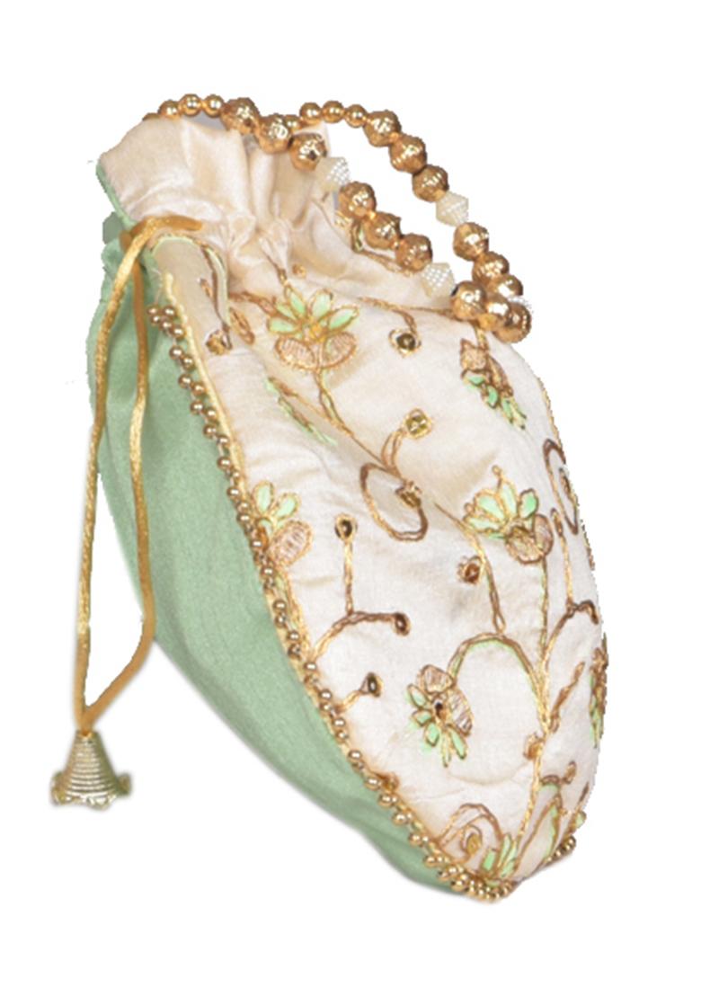 Green Raw Silk Drawstring Rajasthani Style Potli Bags