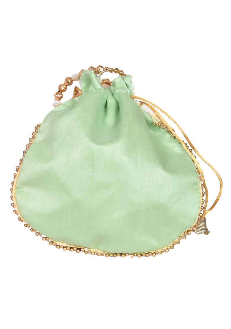 Green Raw Silk Drawstring Rajasthani Style Potli Bags