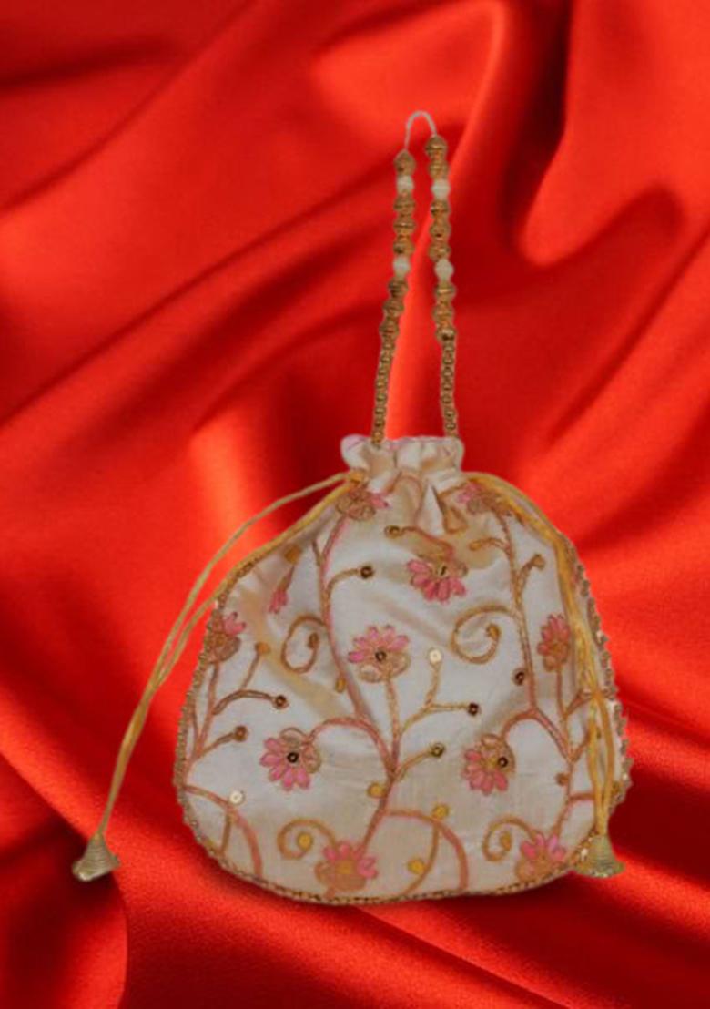 Pink Raw Silk Drawstring Rajasthani Style Potli Bags