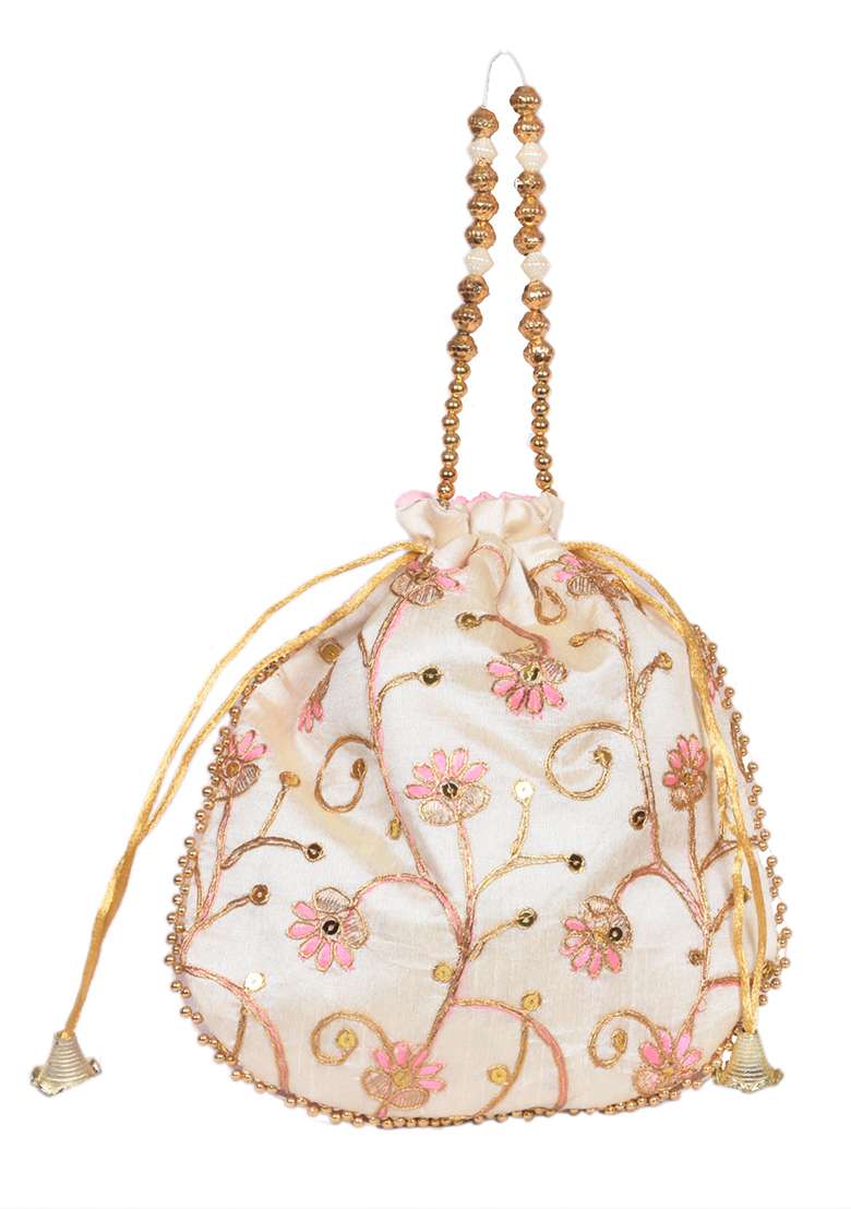 Pink Raw Silk Drawstring Rajasthani Style Potli Bags - Indya