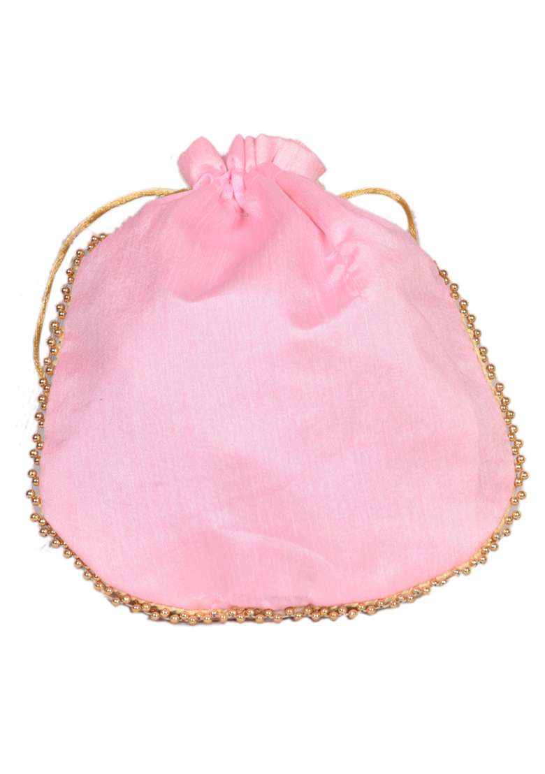 Pink Raw Silk Drawstring Rajasthani Style Potli Bags - Indya