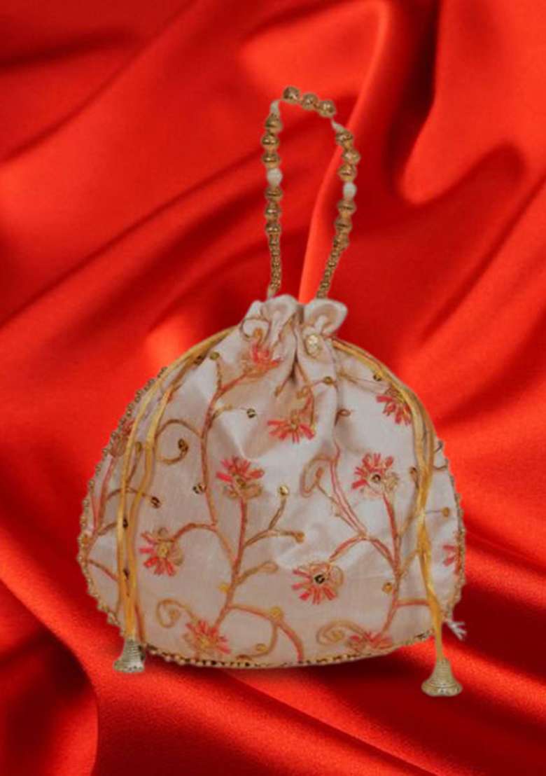 Red Raw Silk Drawstring Rajasthani Style Potli Bags - Indya