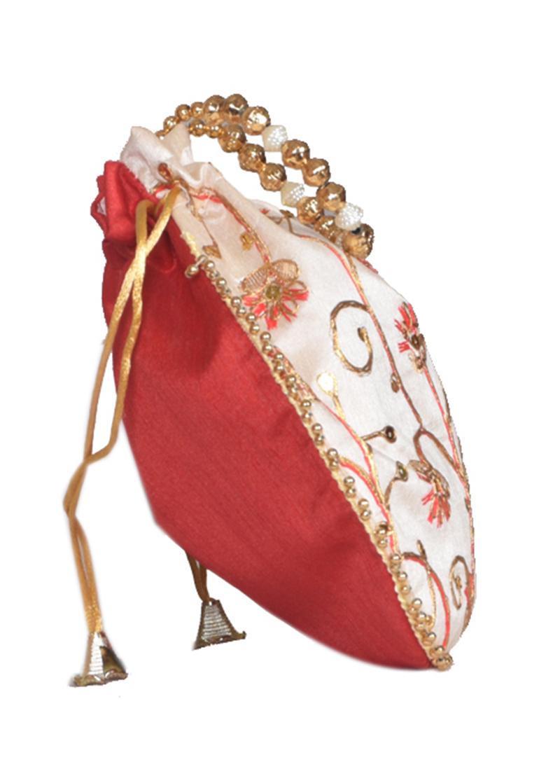 Red Raw Silk Drawstring Rajasthani Style Potli Bags