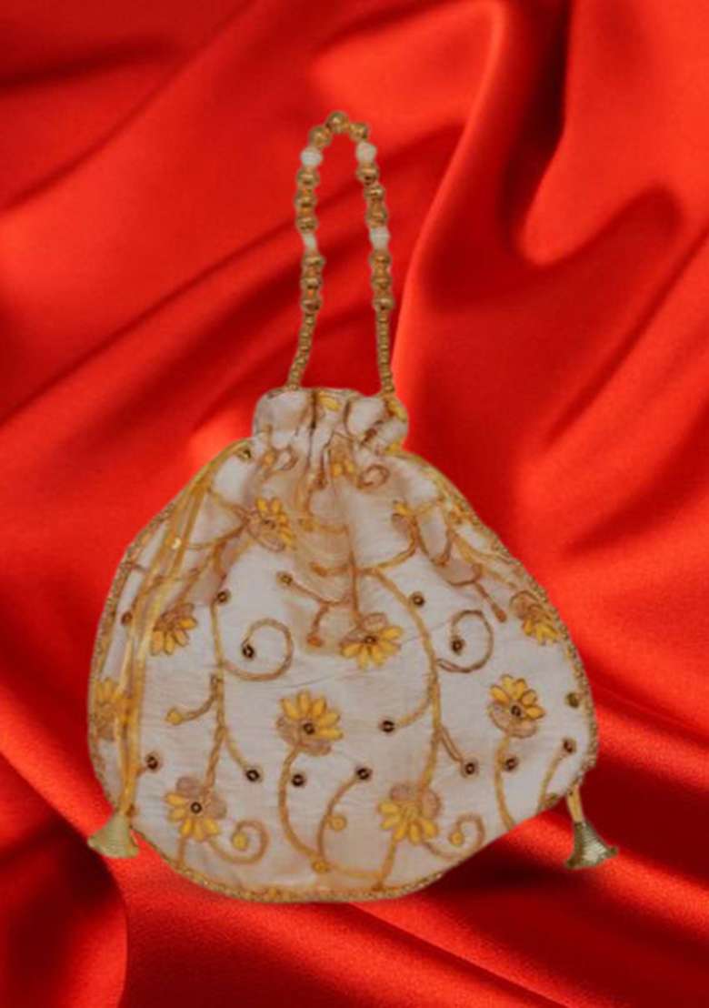Yellow Raw Silk Drawstring Rajasthani Style Potli Bags - Indya