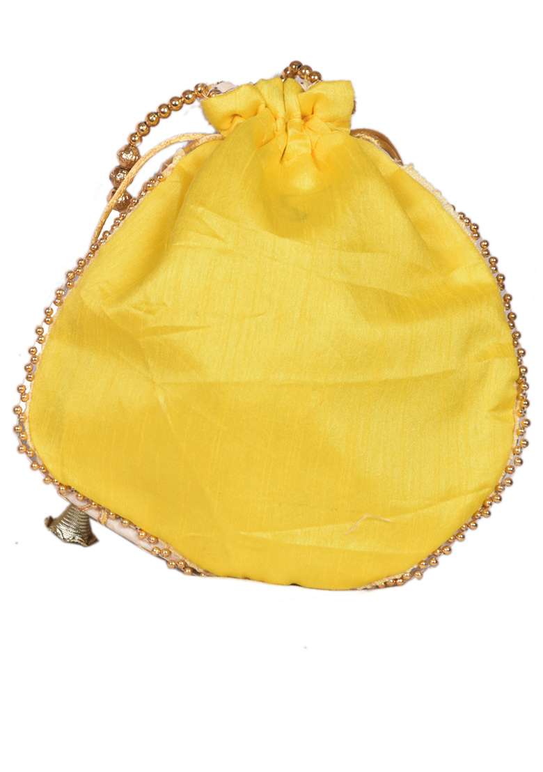 Yellow Raw Silk Drawstring Rajasthani Style Potli Bags - Indya